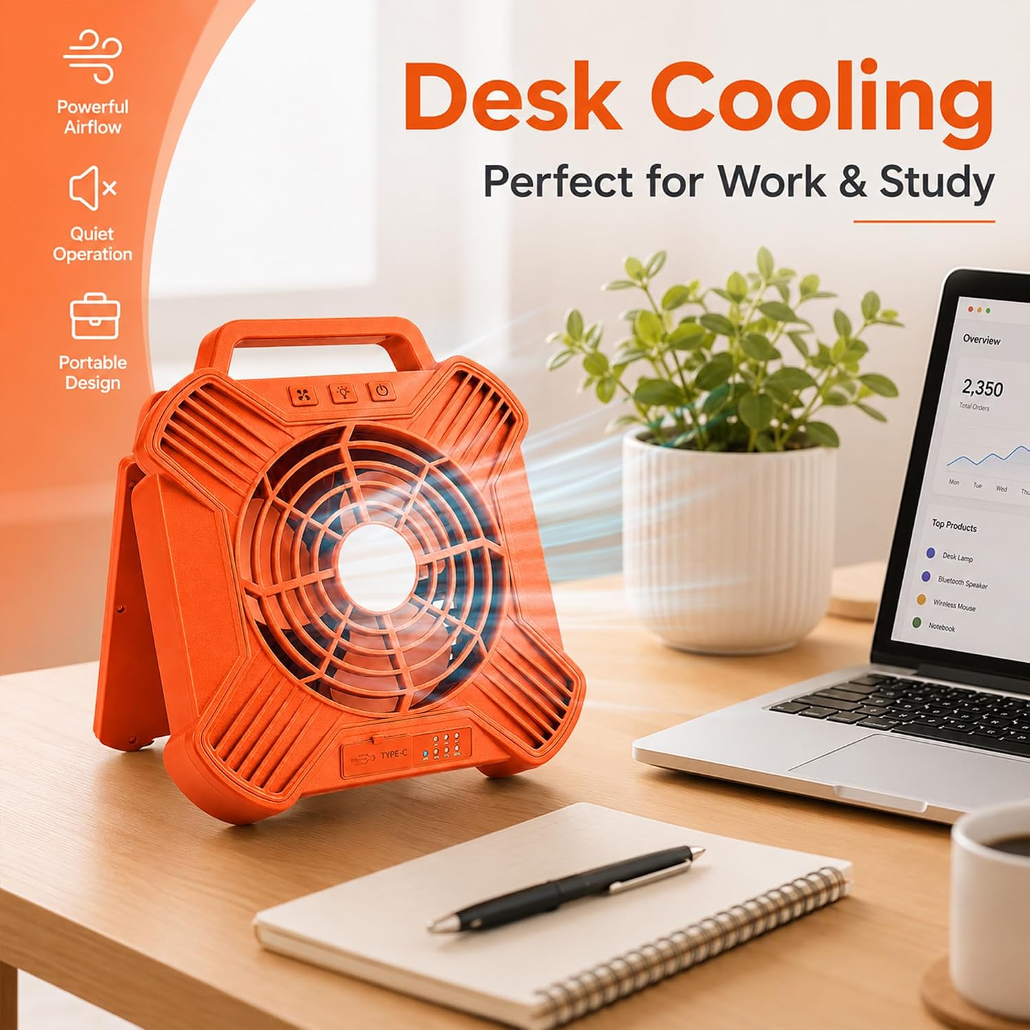 Solar Camping Fan, 10000mAh Rechargeable Tent Fan,4-Speed Battery & Solar Powered Fan with LED Light for Camping RV Emergency Travel (Orange) - Image 9