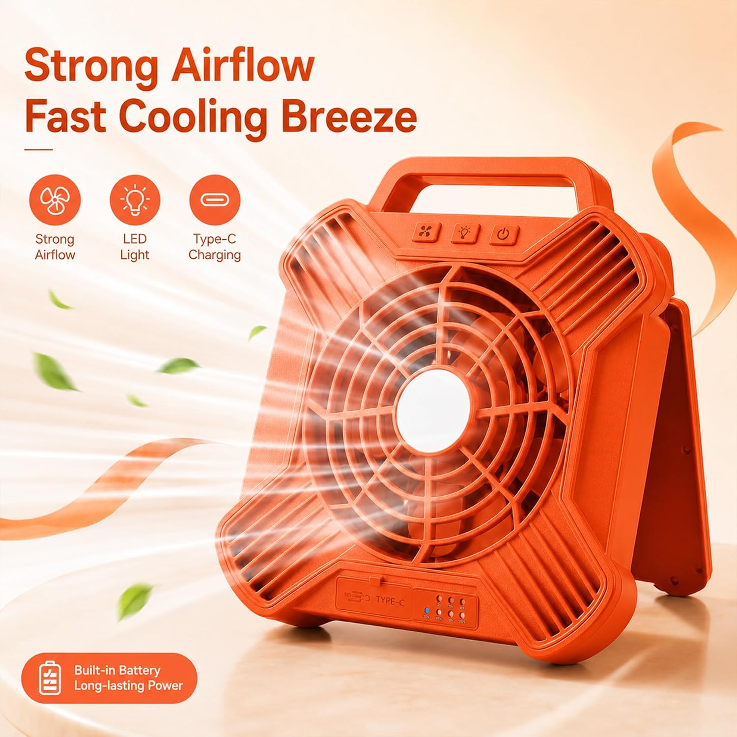 Solar Camping Fan, 10000mAh Rechargeable Tent Fan,4-Speed Battery & Solar Powered Fan with LED Light for Camping RV Emergency Travel (Orange) - Image 7