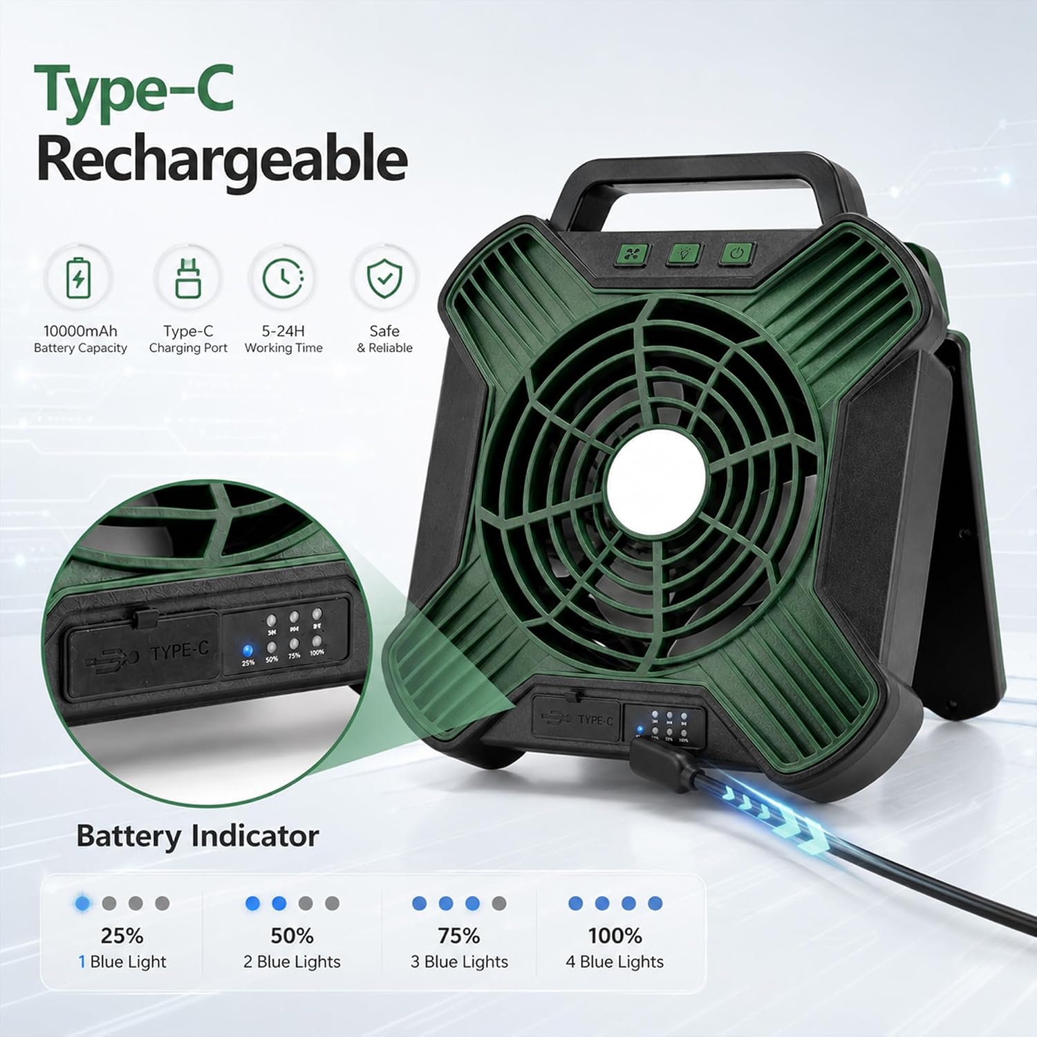 Solar Camping Fan, 10000mAh Rechargeable Tent Fan,4-Speed Battery & Solar Powered Fan with LED Light for Camping RV Emergency Travel (Green&Black) - Image 4