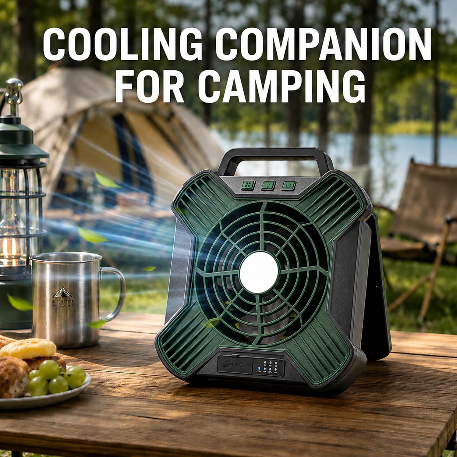 Solar Camping Fan, 10000mAh Rechargeable Tent Fan,4-Speed Battery & Solar Powered Fan with LED Light for Camping RV Emergency Travel (Green&Black) - Image 8