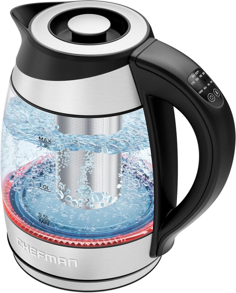 Chefman Electric Kettle with Temperature Control, 5 Presets LED Indicator Lights, Removable Tea Infuser, Glass Tea Kettle & Hot Water Boiler, 360° Swivel Base, BPA Free, Stainless Steel, 1.8 Liters