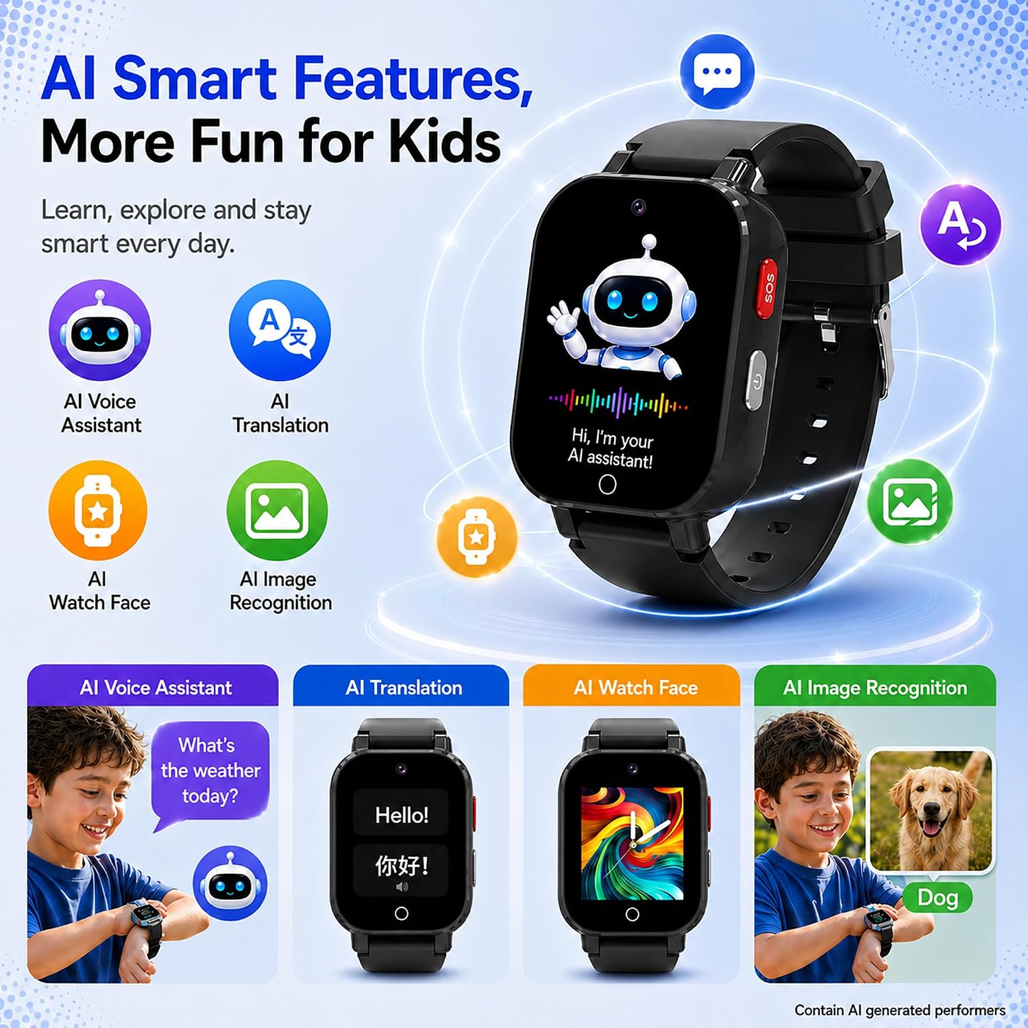 4G Kids Smart Watch with GPS Tracker, Video & Voice Call, SOS, WiFi, IP68 Waterproof, AI Smart Features, Parental Control Phone Watch for Boys Girls Age 4-12(SIM Card Included) - Image 5