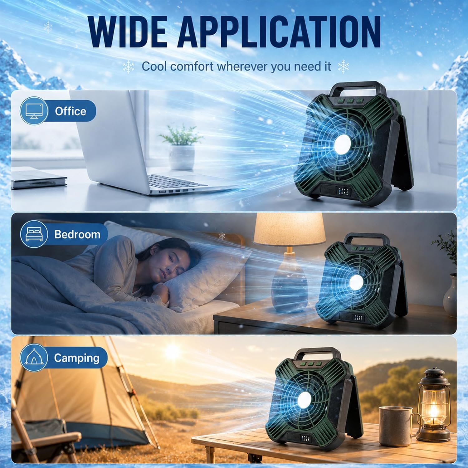 Solar Camping Fan, 10000mAh Rechargeable Tent Fan,4-Speed Battery & Solar Powered Fan with LED Light for Camping RV Emergency Travel (Green&Black) - Image 5