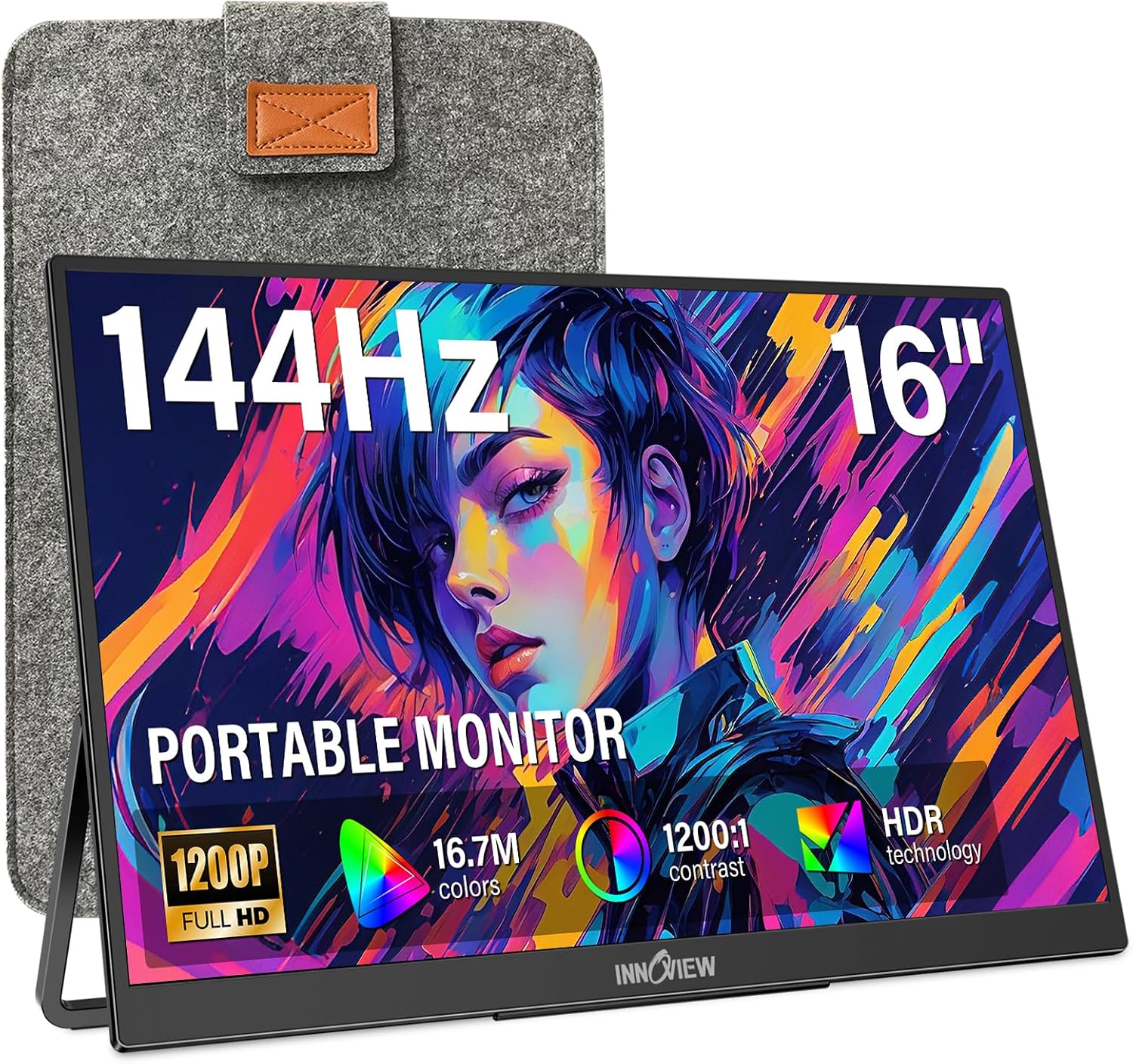 InnoView 16" Portable Monitor 144Hz Portable Gaming Monitor with Protective Sleeve, 1200P FHD External Monitor, Lightweight, Extra Second Screen for Laptop, PS5, Mac, Xbox (Not Includes Adapter)