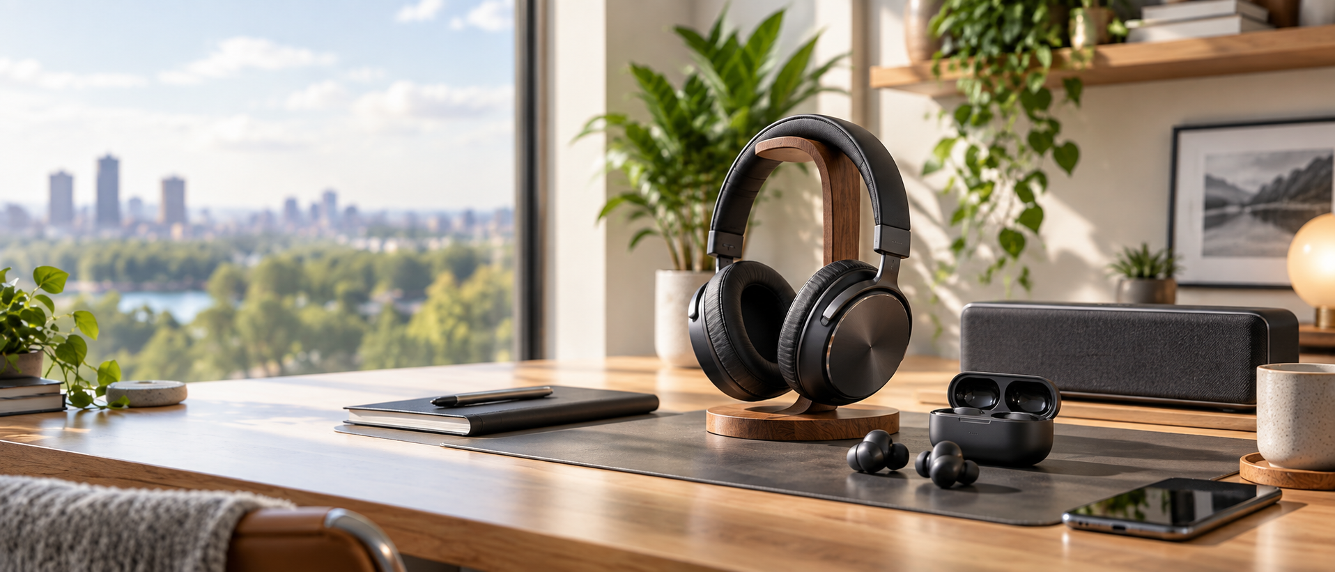 Premium headphones, wireless earbuds and speaker in a modern audio setup